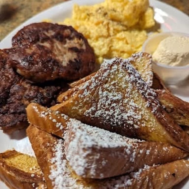 French Toast, 2 Eggs. (Bacon, Link or Patty Sausage, or Ham).